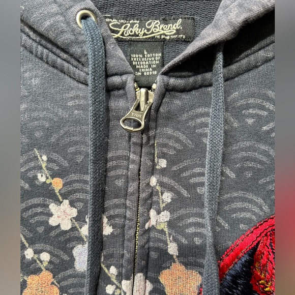 Y2K Rare Vintage Lucky Brand Asian Art Geisha Zip Up Hoodie Embroidered EUC Lg - Picture 9 of 16